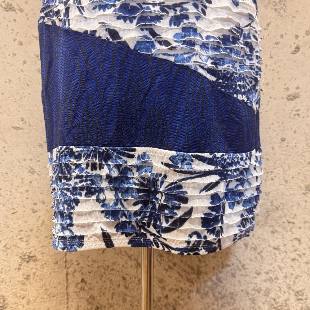 Desigual Patchwork Sheath Dress Womens Size M Blue Floral Mixed Media Ruffle Art - Picture 9 of 11